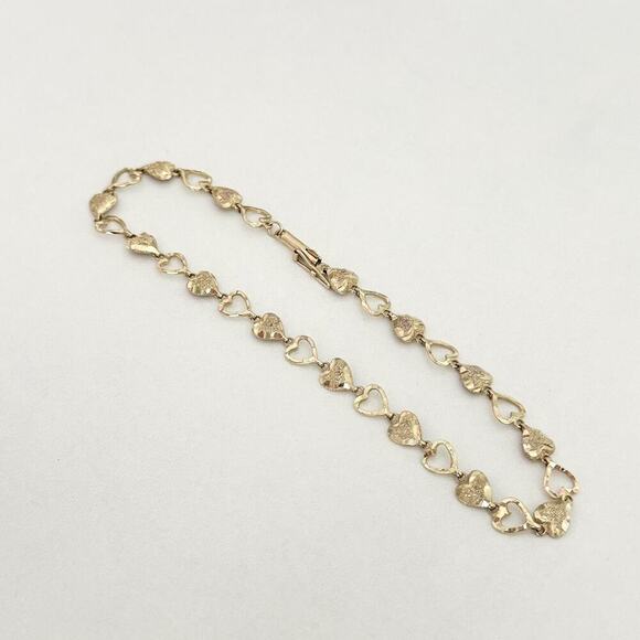 Vintage 14K Yellow Gold Open Heart Diamond Cut Chain Link Bracelet - Picture 4 of 10